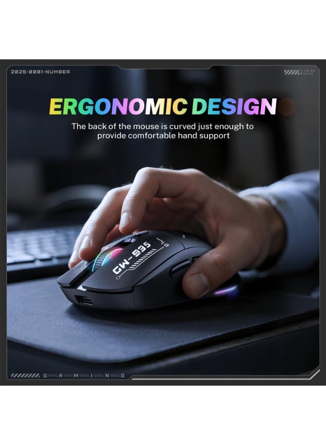 أونيكوما فأرة لاسلكية مخصصة للألعاب، تدعم ثلاثة أوضاع اتصال (2.4G / بلوتوث / USB-C)، حساسية قابلة للتعديل تصل إلى 12800 نقطة لكل بوصة، وزن خفيف 79 جرام، بطارية قابلة لإعادة الشحن بسعة 500 مللي أمبير في الساعة، متوافقة مع أجهزة الكمبيوتر المخصصة للألعاب / اللاب توب / ماك. - Image 2