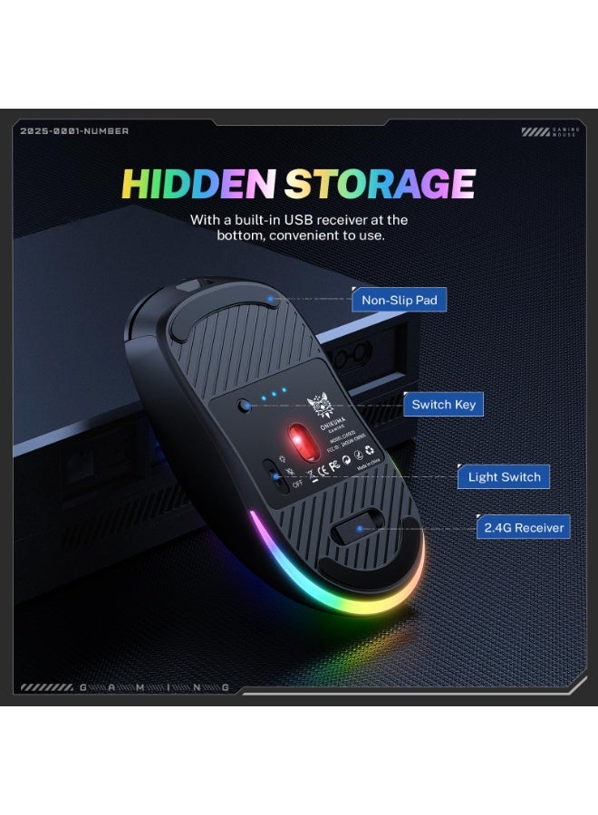 أونيكوما فأرة لاسلكية مخصصة للألعاب، تدعم ثلاثة أوضاع اتصال (2.4G / بلوتوث / USB-C)، حساسية قابلة للتعديل تصل إلى 12800 نقطة لكل بوصة، وزن خفيف 79 جرام، بطارية قابلة لإعادة الشحن بسعة 500 مللي أمبير في الساعة، متوافقة مع أجهزة الكمبيوتر المخصصة للألعاب / اللاب توب / ماك. - Image 4