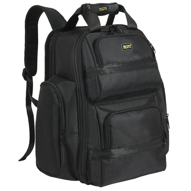 FASITE Tool Bag Backpack - Heavy Duty Professional Storage & Organizer for Contractor, Electrician, Plumber, HVAC, Large Front Flap Fit 13" -17" Laptops Notebook, Black - Image 1