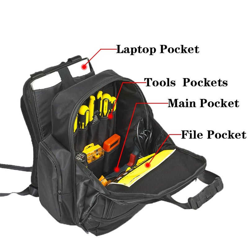 FASITE Tool Bag Backpack - Heavy Duty Professional Storage & Organizer for Contractor, Electrician, Plumber, HVAC, Large Front Flap Fit 13" -17" Laptops Notebook, Black - Image 4