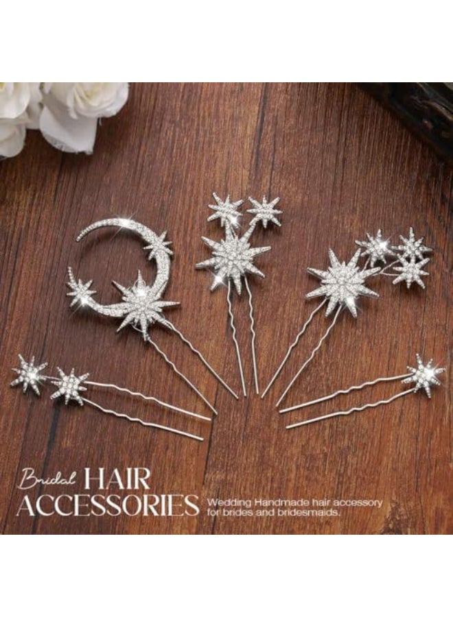 Unicra Star Moon Bride Wedding Hair Pins Crystal Bridal Hair Pieces Rhinestone Goddess Hair Accessories for Women and Girls Pack of 5 Silver - Image 3