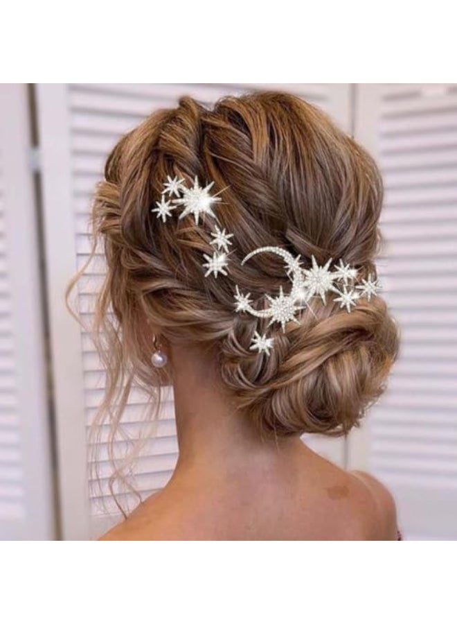 Unicra Star Moon Bride Wedding Hair Pins Crystal Bridal Hair Pieces Rhinestone Goddess Hair Accessories for Women and Girls Pack of 5 Silver - Image 1