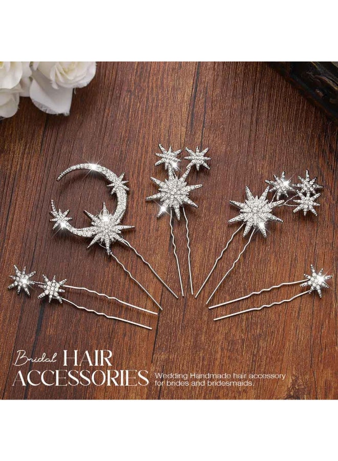 Unicra Star Moon Bride Wedding Hair Pins Crystal Bridal Hair Pieces Rhinestone Goddess Hair Accessories for Women and Girls Pack of 5 Silver - Image 4