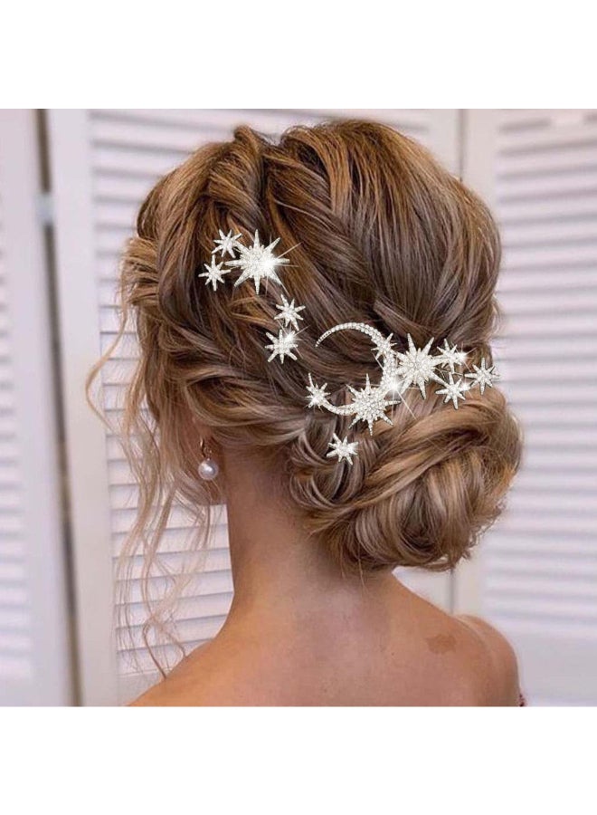 Unicra Star Moon Bride Wedding Hair Pins Crystal Bridal Hair Pieces Rhinestone Goddess Hair Accessories for Women and Girls Pack of 5 Silver - Image 2
