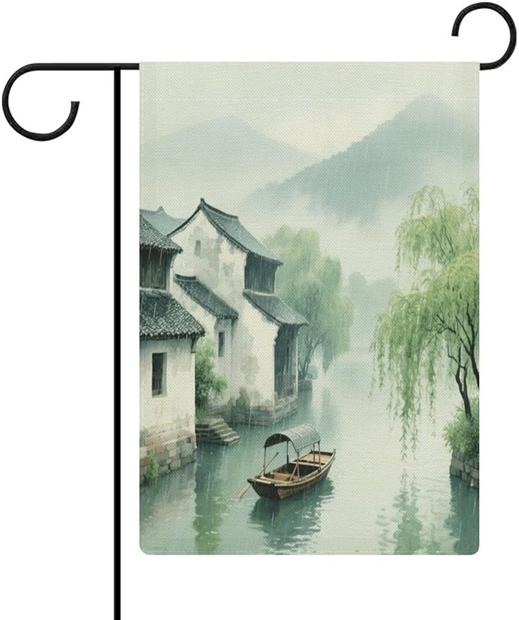 Double Sided Burlap Garden Flag Spring Rain Water Village Outdoor Yard Decoration 18.5x12.6 Inch - Image 1
