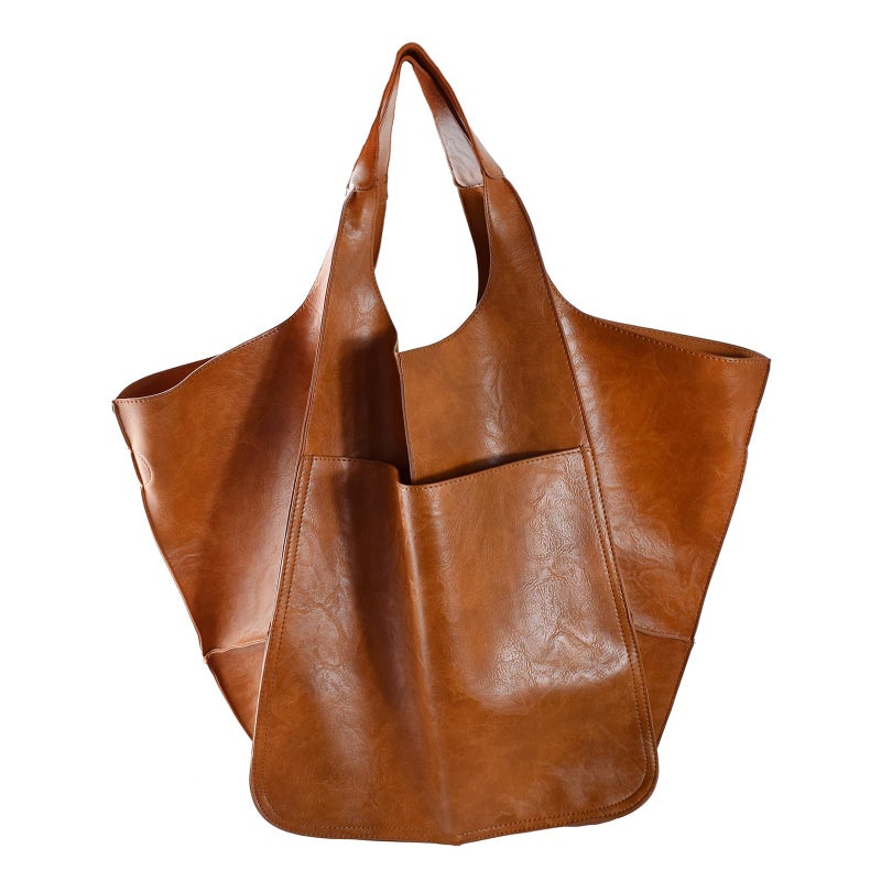 KlaOYer Oversized Leather Tote Bag Large Capacity Work Hobo Pu Leather Bucket Purse And Handbag Big Soft Travel Shopping Bag (Brown) - Image 1