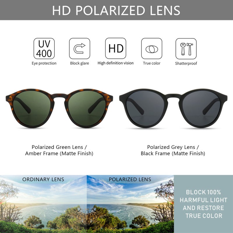 SUNGAIT Classic Round Sunglasses Unisex Polarized Sunglasses Retro Vintage Style UV Protection (Amber (Matte Finish)/Dark Green +Black (Matte Finish)/Gray), Womens - Image 2