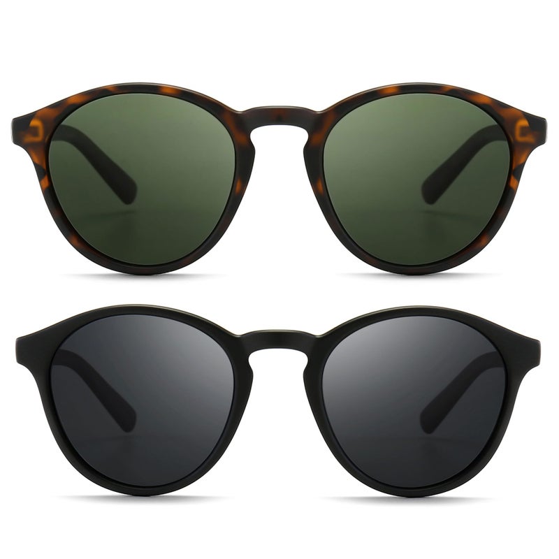 SUNGAIT Classic Round Sunglasses Unisex Polarized Sunglasses Retro Vintage Style UV Protection (Amber (Matte Finish)/Dark Green +Black (Matte Finish)/Gray), Womens - Image 1