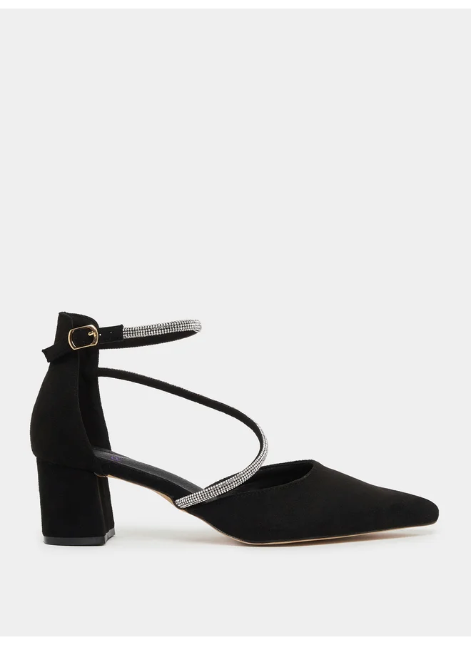 سنيك ايه بيك Sneak-a-Peek Rhinestone Strap Suede Block Heel Ankle Strap Shoes