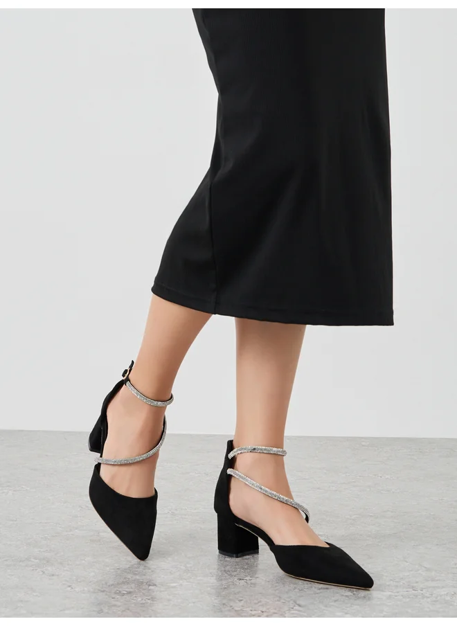 سنيك ايه بيك Sneak-a-Peek Rhinestone Strap Suede Block Heel Ankle Strap Shoes