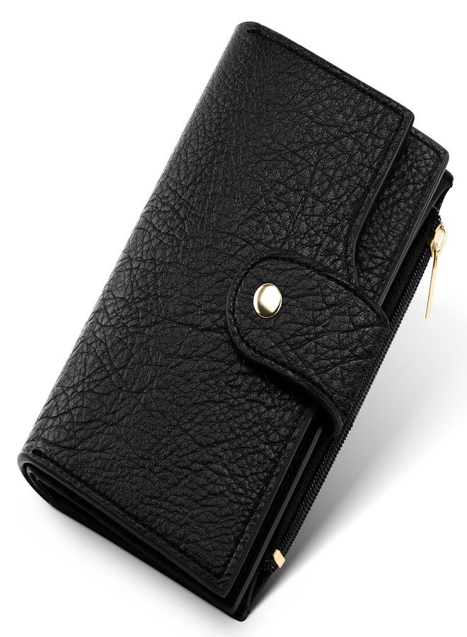 Airkit Small Wallet Women Compact Card Holder RFID Blocking Bifold Wallet for Women with Zipper, Black, Classic - Image 1