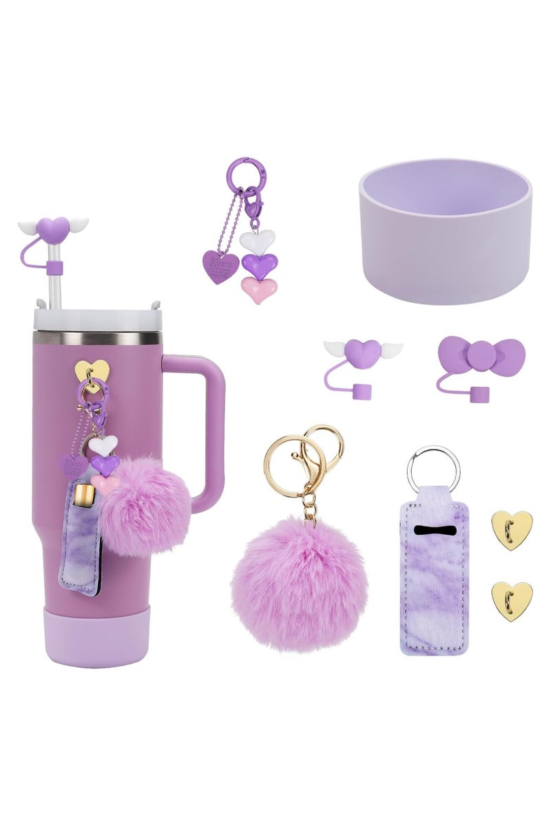 مجموعة ملحقات لفنجان ستانلي بنقوش زهري أرجواني: غطاء سيليكوني، غطاء منقول، وتزيين معلقة زهري لطيف ل حماية وتزيين الفنجان الأني - Image 1