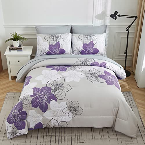 Luxudecor Purple Comforter Set Queen Size, Purple Floral Pattern Printed on Light Grey, Soft Microfiber 7 Pieces Bed in a Bag (1 Comforter, 2 Pillow Shams, 1 Flat Sheet, 1 Fitted Sheet, 2 Pillowcases) - Image 3