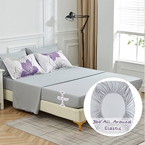 Luxudecor Purple Comforter Set Queen Size, Purple Floral Pattern Printed on Light Grey, Soft Microfiber 7 Pieces Bed in a Bag (1 Comforter, 2 Pillow Shams, 1 Flat Sheet, 1 Fitted Sheet, 2 Pillowcases) - Image 5
