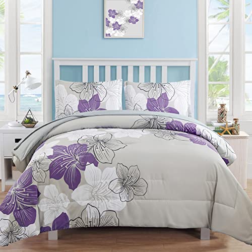 Luxudecor Purple Comforter Set Queen Size, Purple Floral Pattern Printed on Light Grey, Soft Microfiber 7 Pieces Bed in a Bag (1 Comforter, 2 Pillow Shams, 1 Flat Sheet, 1 Fitted Sheet, 2 Pillowcases) - Image 1