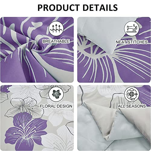 Luxudecor Purple Comforter Set Queen Size, Purple Floral Pattern Printed on Light Grey, Soft Microfiber 7 Pieces Bed in a Bag (1 Comforter, 2 Pillow Shams, 1 Flat Sheet, 1 Fitted Sheet, 2 Pillowcases) - Image 4