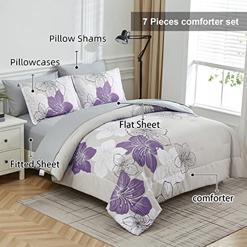 Luxudecor Purple Comforter Set Queen Size, Purple Floral Pattern Printed on Light Grey, Soft Microfiber 7 Pieces Bed in a Bag (1 Comforter, 2 Pillow Shams, 1 Flat Sheet, 1 Fitted Sheet, 2 Pillowcases) - Image 2