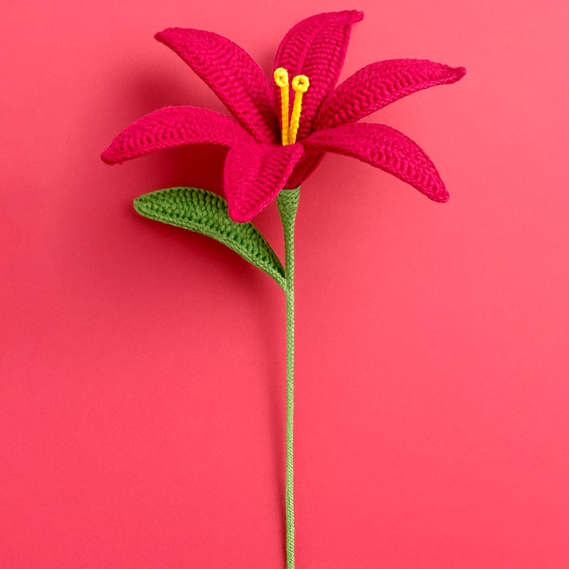 SYCAMORE EAST Handmade Crochet Dark Pink Lily Flower – Knitted Bloom with Yellow Stamens & Green Leaf, Cotton Yarn, Eco-Friendly Artificial Flower for Gifts & Home Décor - Image 3