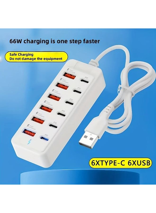 White 66W 12 Port Fast Charger Hub With 6 USB A And 6 Type C PD Ports 1M Cable - Image 5