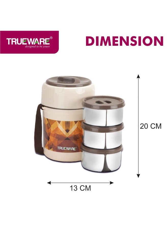 Trueware علبة غداء ترووير فريش ميل بلس 3 مع 3 حاويات من الفولاذ المقاوم للصدأ، سعة كل منها 300 مل | بني | معزولة بمادة البولي يوريثان | علبة غداء | علبة طعام | علبة غداء ساخنة | مانعة للتسرب - Image 3