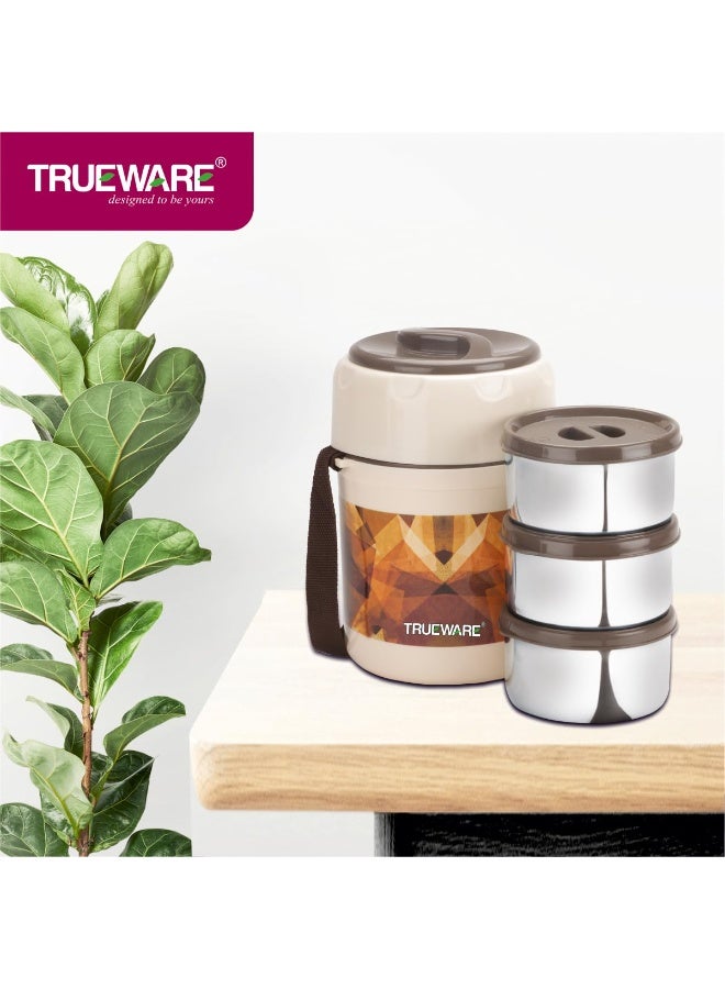 Trueware علبة غداء ترووير فريش ميل بلس 3 مع 3 حاويات من الفولاذ المقاوم للصدأ، سعة كل منها 300 مل | بني | معزولة بمادة البولي يوريثان | علبة غداء | علبة طعام | علبة غداء ساخنة | مانعة للتسرب - Image 2