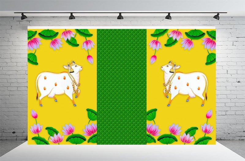 DHARA CREATION Dhara Cow Dhenu With Coconut Leaf Backdrop Cloth for Pooja Decoration 8ft x 5ft Ideal for Pooja Religious Ceremonies and Home Decor Washable Fabric - Image 4