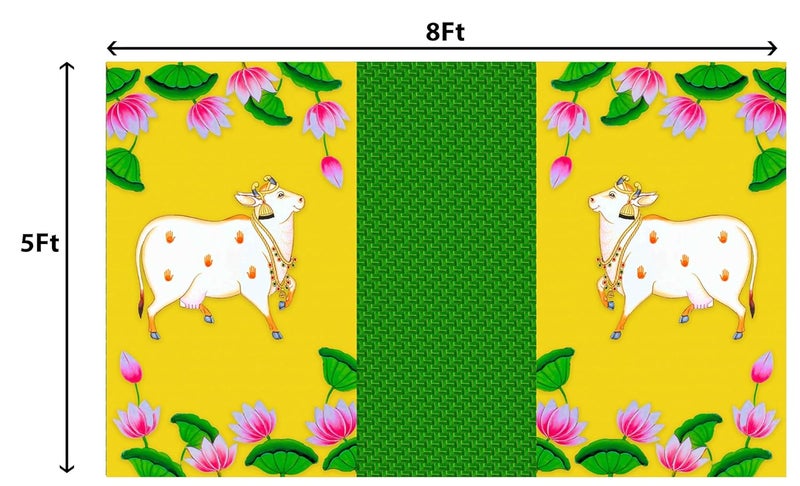 DHARA CREATION Dhara Cow Dhenu With Coconut Leaf Backdrop Cloth for Pooja Decoration 8ft x 5ft Ideal for Pooja Religious Ceremonies and Home Decor Washable Fabric - Image 2