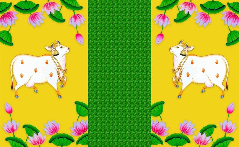 DHARA CREATION Dhara Cow Dhenu With Coconut Leaf Backdrop Cloth for Pooja Decoration 8ft x 5ft Ideal for Pooja Religious Ceremonies and Home Decor Washable Fabric - Image 3