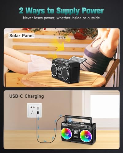 PRUNUS 750 AM FM Radio Portable with Bluetooth Dual Speakers, USB/TF Card Playback, USB-C/Solar Rechargeable Radios, Bluetooth Radio, Transistor Radios Portable AM FM - Image 5