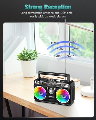 PRUNUS 750 AM FM Radio Portable with Bluetooth Dual Speakers, USB/TF Card Playback, USB-C/Solar Rechargeable Radios, Bluetooth Radio, Transistor Radios Portable AM FM - Image 4