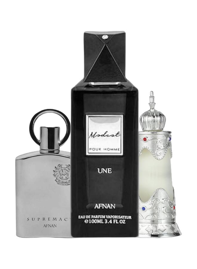 Afnan عطر دهن العود الأبيض المركز 20 مل، سوبريماسي بور هوم أو دي بارفان للرجال 100 مل وعطر مودست أو دي بارفان بخاخ 100 مل - Image 1