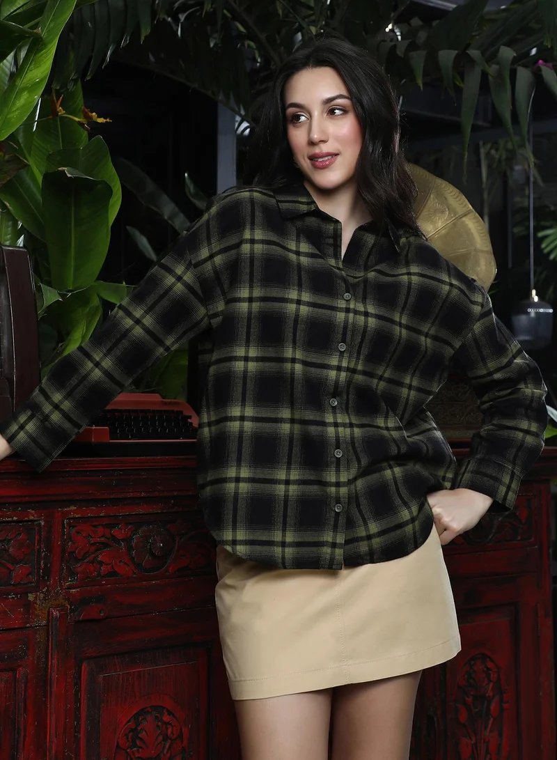 PINACOLADA Women's Brushed Buffalo-Check Oversized Shirt | Spread Collar , Long Button-Cuff Sleeves, Button Closure | Checks Brushed Woven Shirt For Casual & Daily Wear | Seaweed Green