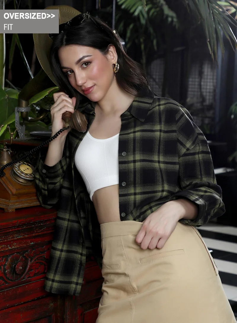 Women's Brushed Buffalo-Check Oversized Shirt | Spread Collar , Long Button-Cuff Sleeves, Button Closure | Checks Brushed Woven Shirt For Casual & Daily Wear | Seaweed Green