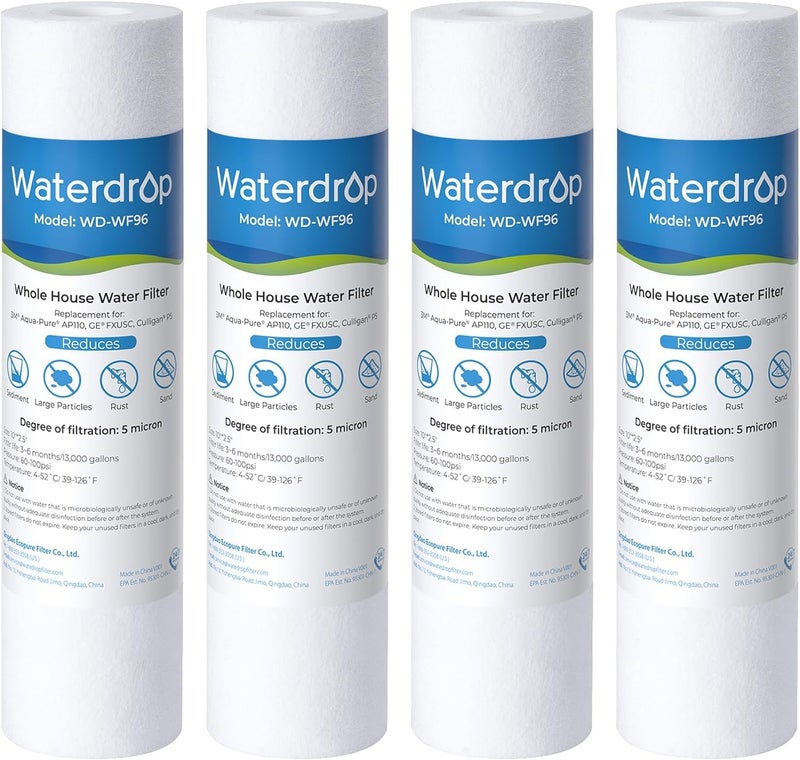 ووتر دروب Waterdrop 5 ميكرون فلتر مياه 10 بوصة × 2.5 بوصة استبدال فلتر مياه المنزل بالكامل خرطوشة استبدال فلتر مياه الرواسب لأي وحدة Ro 10 بوصة Aqua-Pure Ap110 Culligan P5 Whkf-Gd05 4 عبوات - Image 1