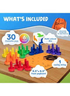 Skoolzy Montessori Sensory Pegboard 33 Piece Set - Develop Sensory Play Occupational Therapy Stem Learning Educational Toys For Kids 2+ - Includes Foam Board, Lacing String, Dice, Storage Bag, Ebook  - Image 4