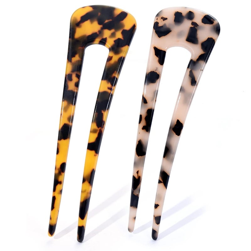 Fsmiling French Hair Pins Tortoise Shell French Hair Forks U Shaped French Pins 2 Prong Hair Sticks Acetate Chignon Pin for Women Hairstyle Accessories 2 Pack - Image 1