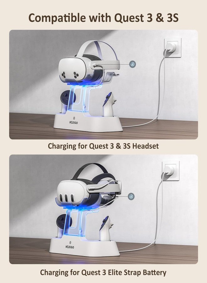 نيكسيجو قاعدة شحن NexiGo المحسّنة لجهاز Meta Quest 3 و 3S، مزودة بإضاءة LED (تشغيل/إيقاف)، وتدعم حزام Elite مع بطارية، وحامل شاشة سماعة الرأس، وحامل وحدة التحكم، وبطاريات قابلة للشحن، لون أبيض. - Image 2