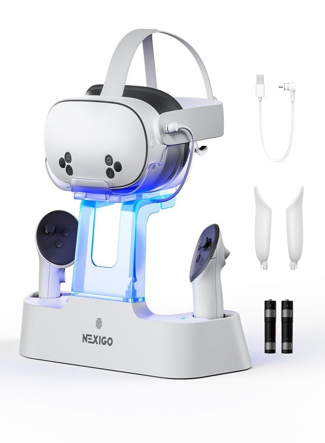 نيكسيجو قاعدة شحن NexiGo المحسّنة لجهاز Meta Quest 3 و 3S، مزودة بإضاءة LED (تشغيل/إيقاف)، وتدعم حزام Elite مع بطارية، وحامل شاشة سماعة الرأس، وحامل وحدة التحكم، وبطاريات قابلة للشحن، لون أبيض. - Image 1