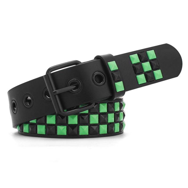 SNCEAW Studded Belt, Metal Punk Rock Rivet belt with Bright Pyramid Studded for Women Men (Green, Fit Pant 31-36 inch) - Image 1