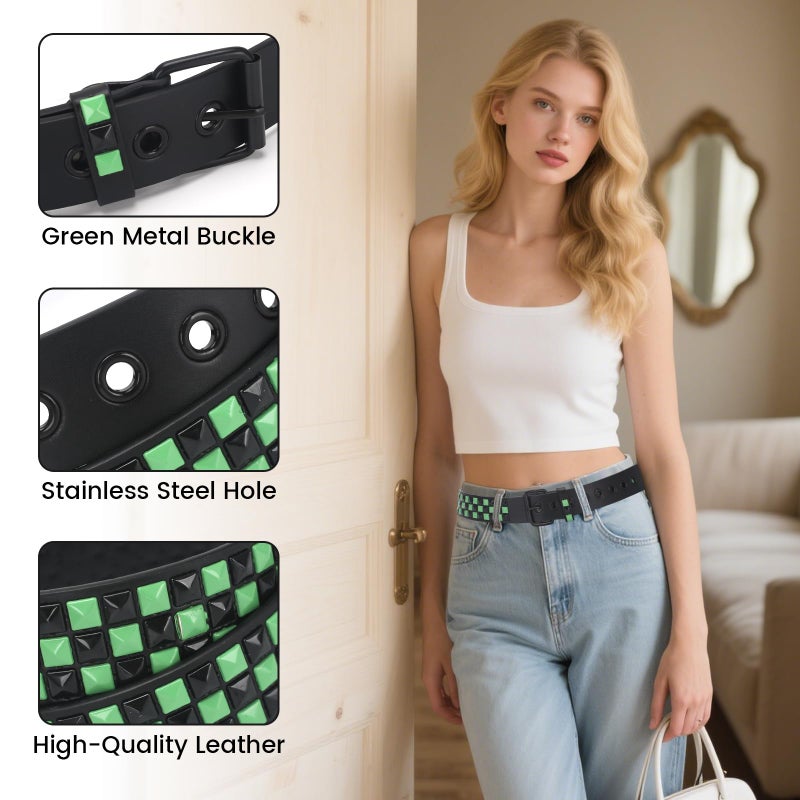 SNCEAW Studded Belt, Metal Punk Rock Rivet belt with Bright Pyramid Studded for Women Men (Green, Fit Pant 31-36 inch) - Image 2