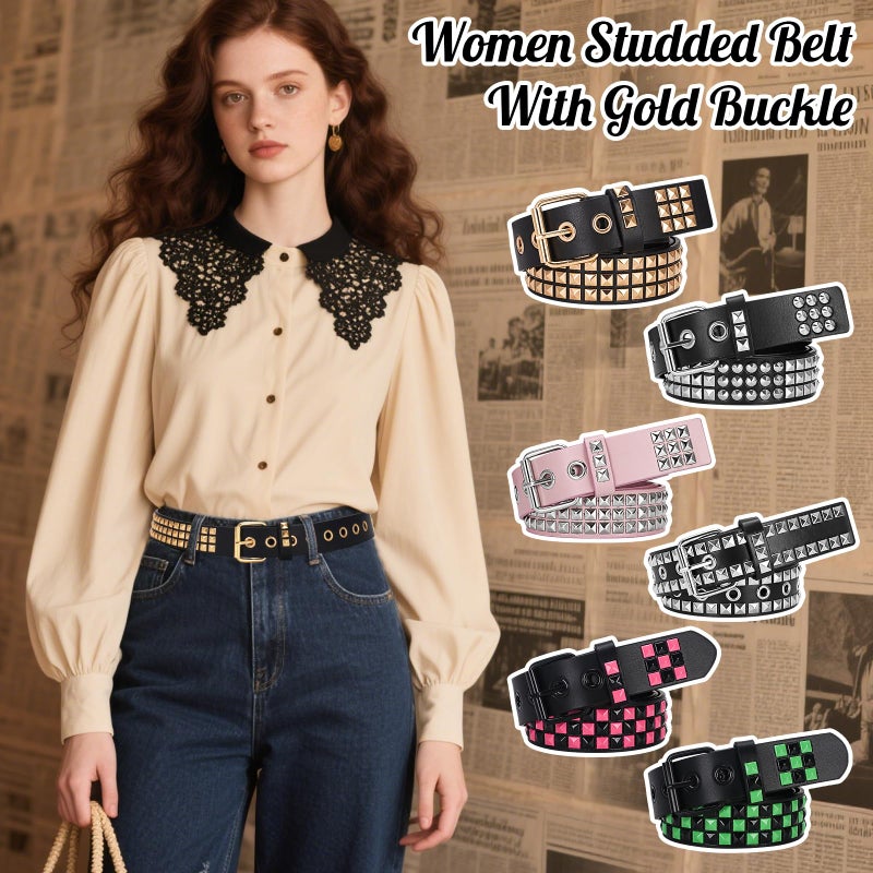 SNCEAW Studded Belt, Metal Punk Rock Rivet belt with Bright Pyramid Studded for Women Men (Green, Fit Pant 31-36 inch) - Image 3