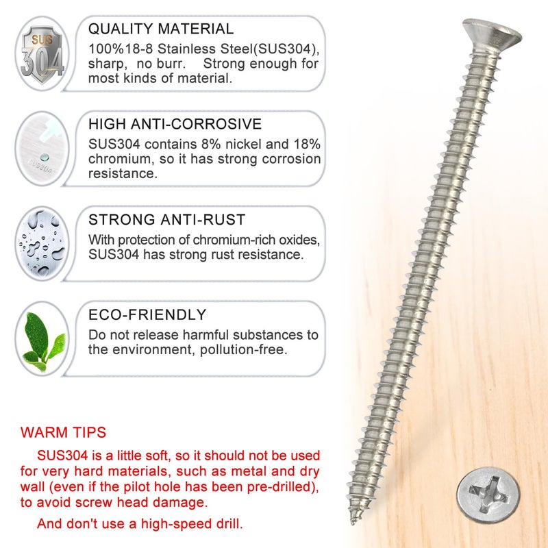 Kinder Wood Screws - 20PCS Flat Head Phillips Screws, 304 Stainless Steel Screw (#10 x 3) - Image 2