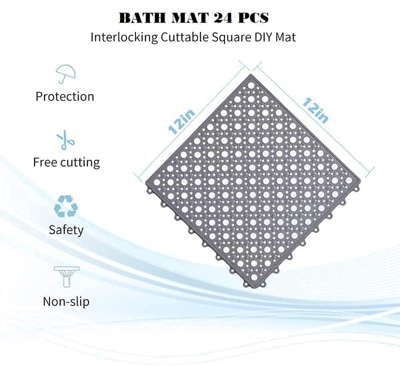 GALV 24pcs Interlocking Rubber Floor Tiles DIY Size Non-Slip Rubber Bath mat with Drain Holes and Drainage Column for Bathroom,Kitchen,Shower,Pool,Balcony,Gym(12 White + 12grey)(30x0.9cm) - Image 2
