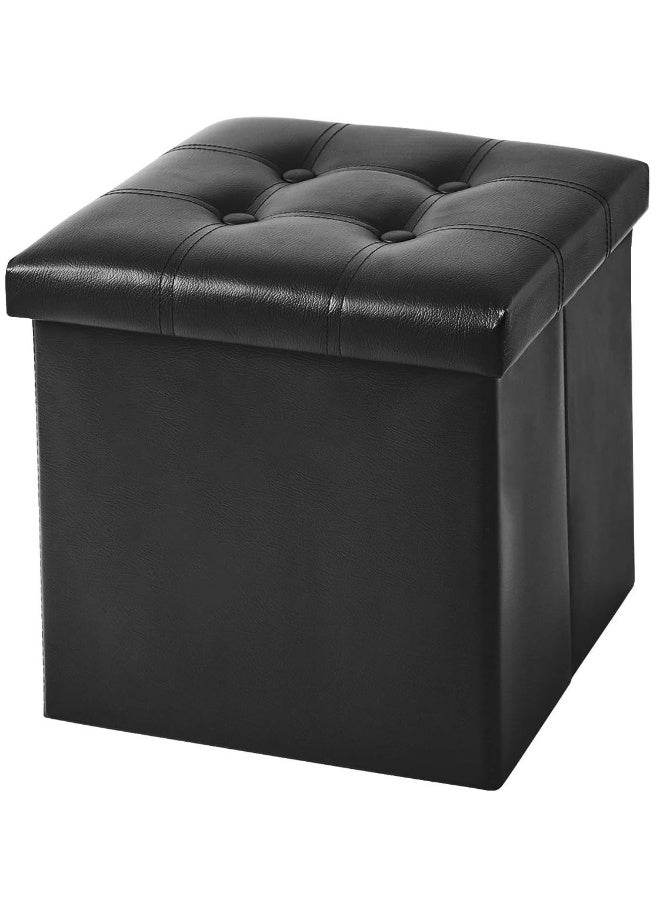 15 Inches Folding Storage Ottoman  Cube Storage Boxes Footrest Stool  Small Ottomans With Foam Padded Seat  Support 300Lbs (Black  Leather) - Image 1