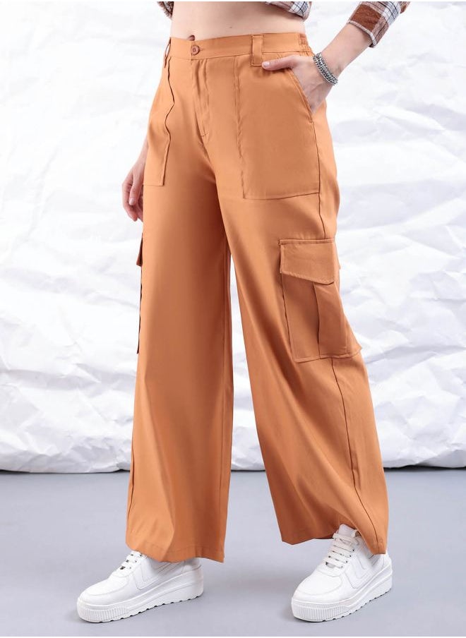 Freehand Women Flared Solid Mid-Rise Elasticated Cargo Trousers  - Image 3