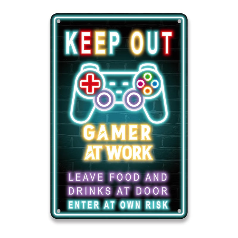 LUHIMO Keep Out Gamer at Work Sign - Funny Waterproof and Rust-proof Plastic Neon Gaming Signs For Bedroom Door Sign Wall Decor - Gift For Teen Boys, Boyfriend 12" * 8" - Image 1