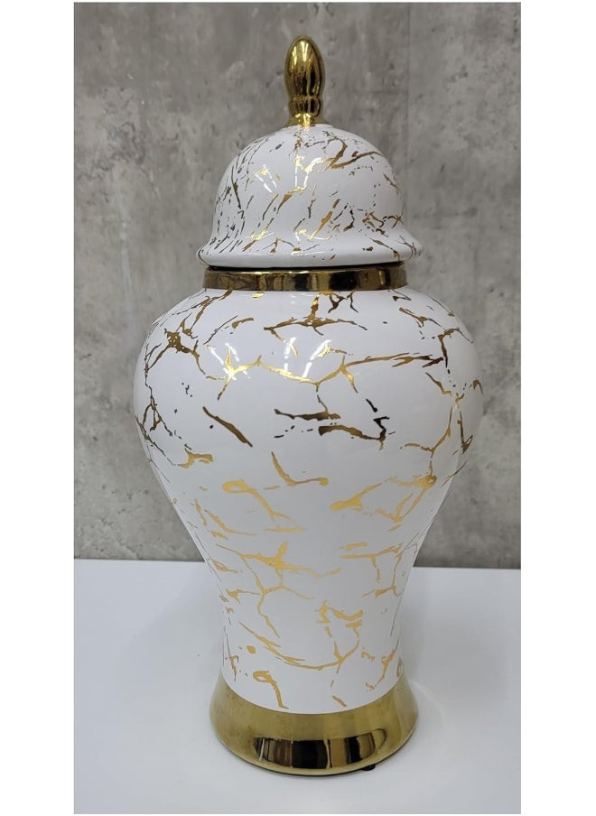 Decorhills DECORHILLS Gold & White Marble Print ceramic Ginger jar Vase with Lid for Home Decor  - Image 1