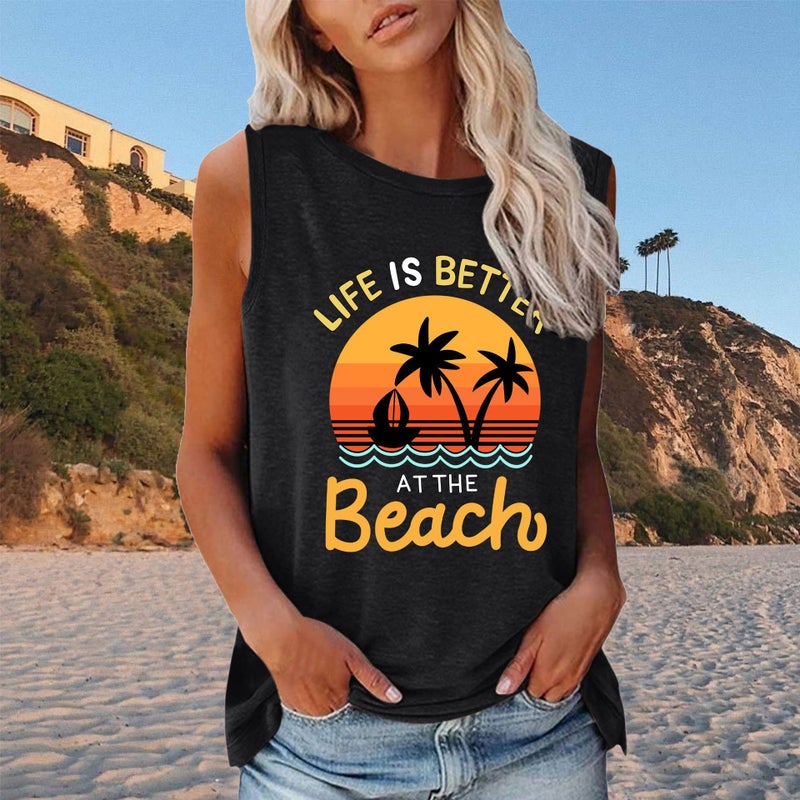 2022 New Life Is Better Seascape Pattern Loose Casual Round Neck Sleeveless T-Shirt - Image 2
