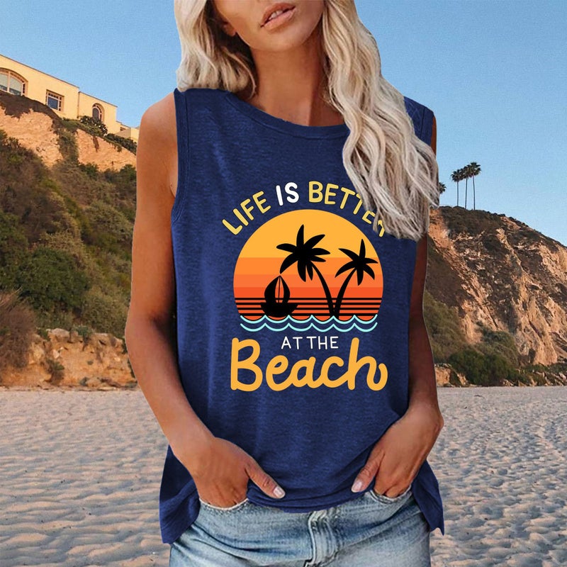 2022 New Life Is Better Seascape Pattern Loose Casual Round Neck Sleeveless T-Shirt - Image 4