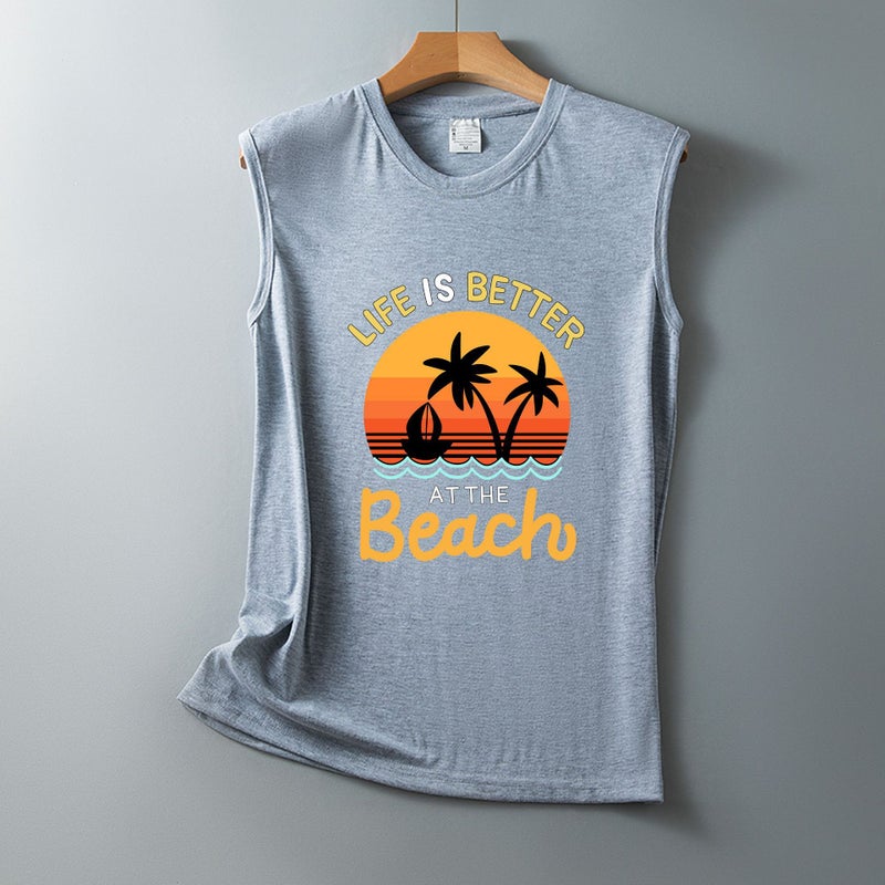 2022 New Life Is Better Seascape Pattern Loose Casual Round Neck Sleeveless T-Shirt - Image 1